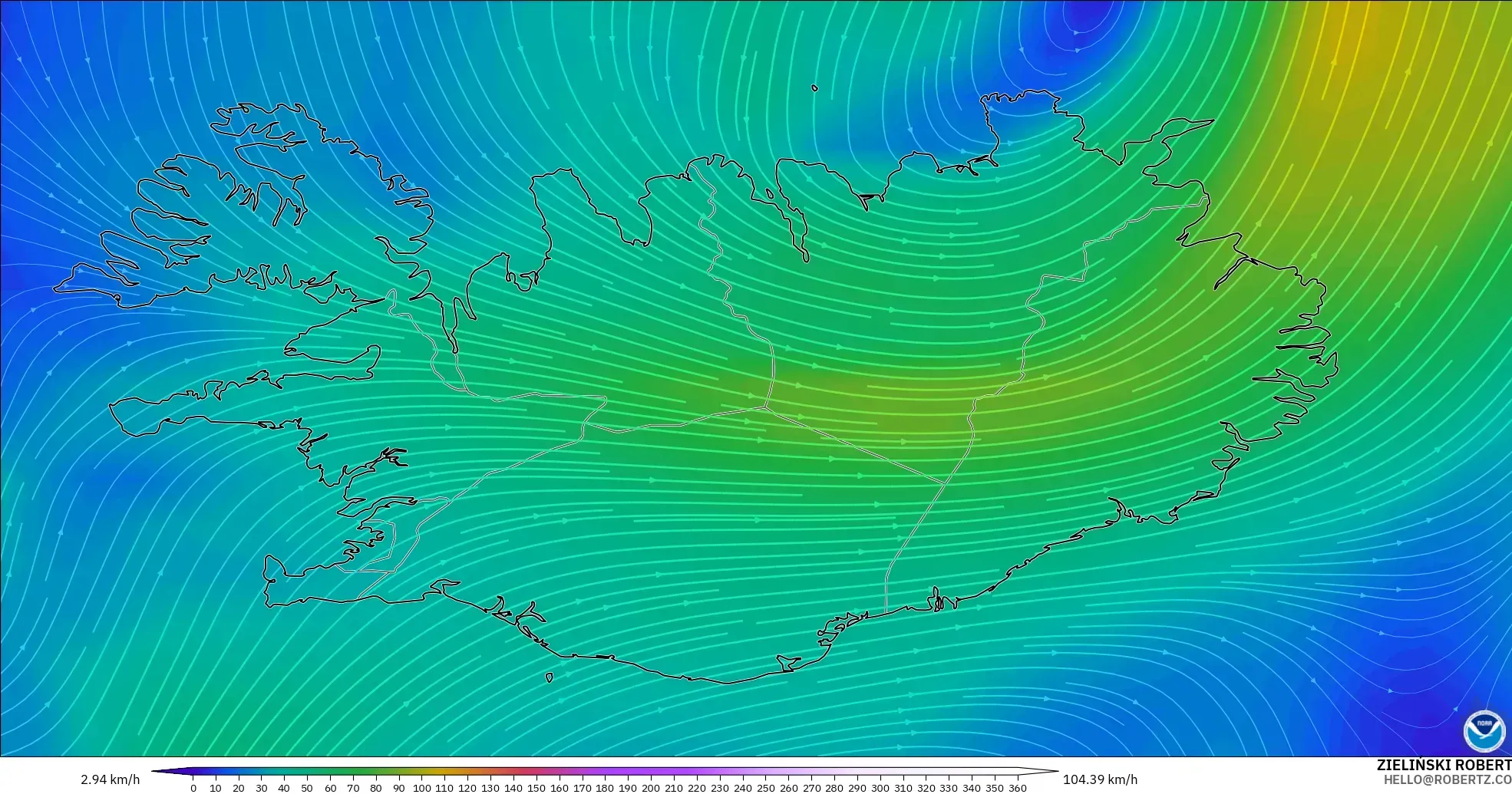 GFS model - Iceland, Wind at 300hPa (jet stream)