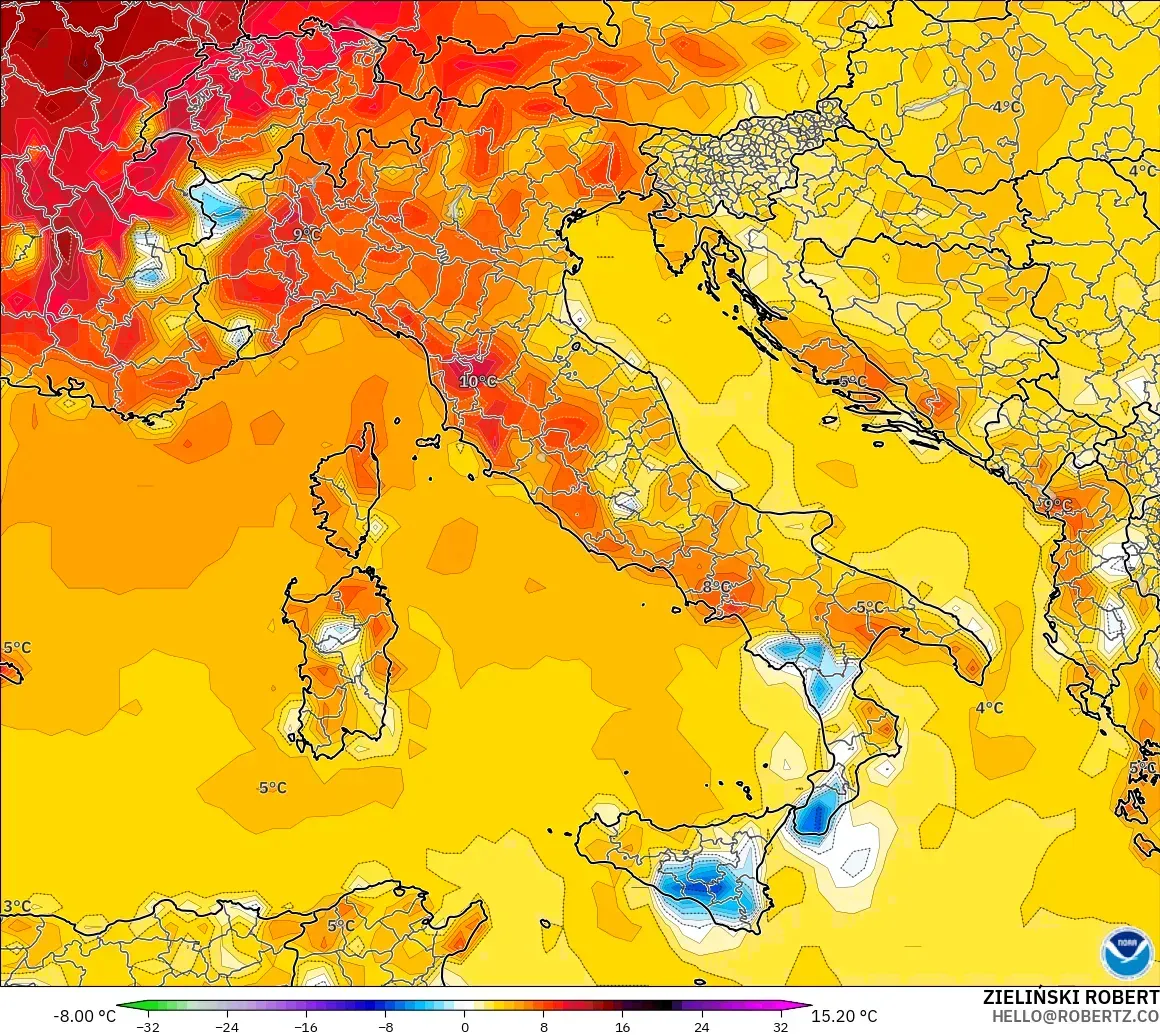 GFS model - Italy, Temperature at 2m Anomaly