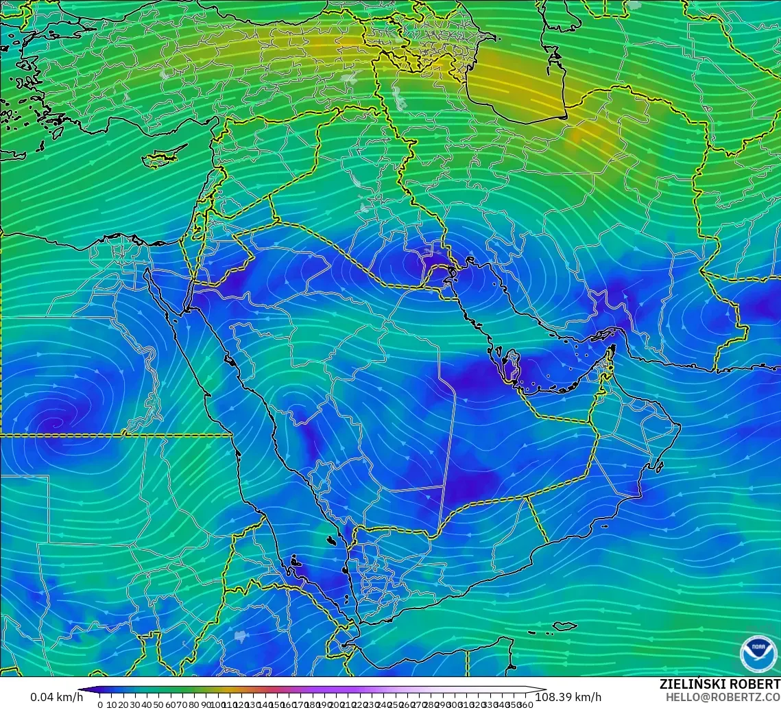 GFS model - Middle East, Wind at 300hPa (jet stream)