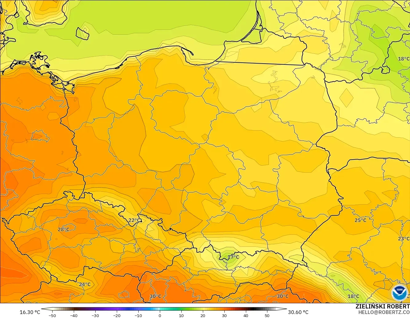 GFS model - Poland, Temperature at 2m