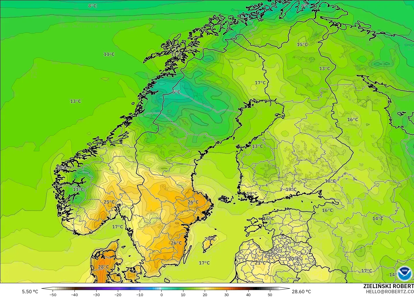 GFS model - Scandinavia, Temperature at 2m