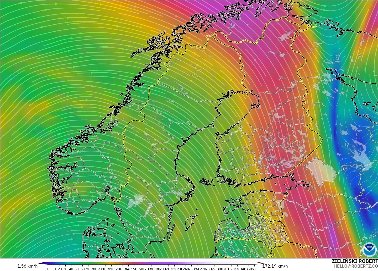GFS model - Scandinavia, Wind at 300hPa (jet stream)