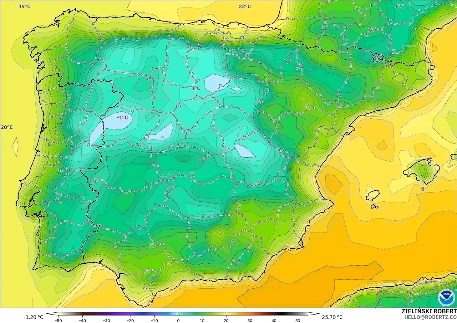 GFS model - Spain, Dewpoint at 2m