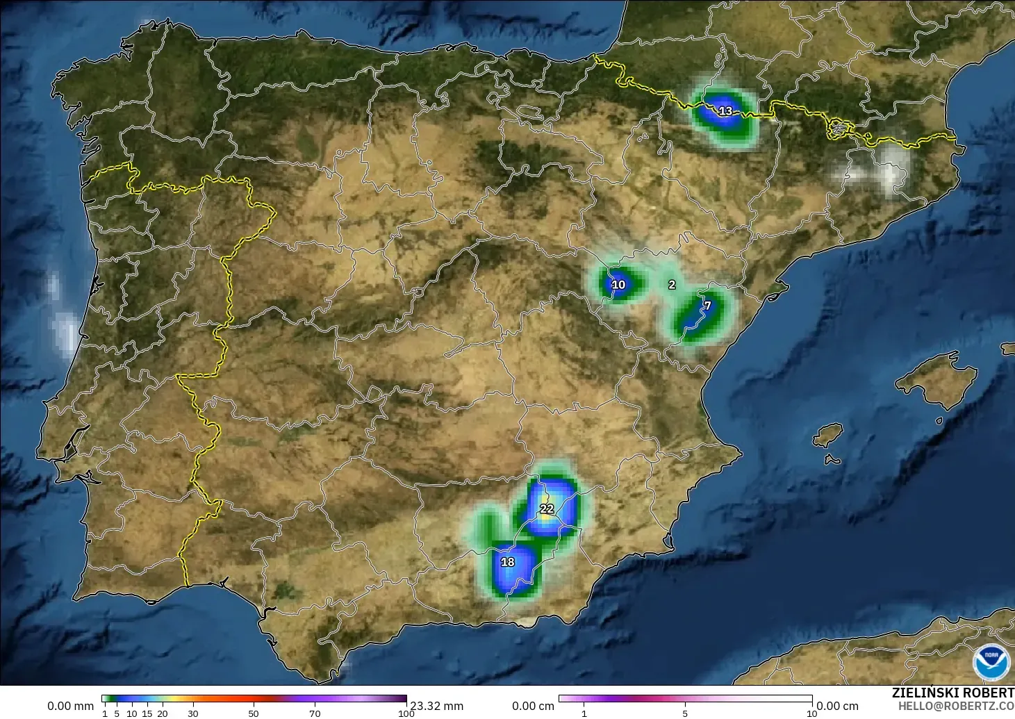 GFS model - Spain, Precipitation, Clouds, and Pressure