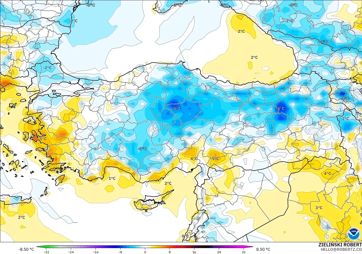 GFS model - Turkey, Temperature at 2m Anomaly