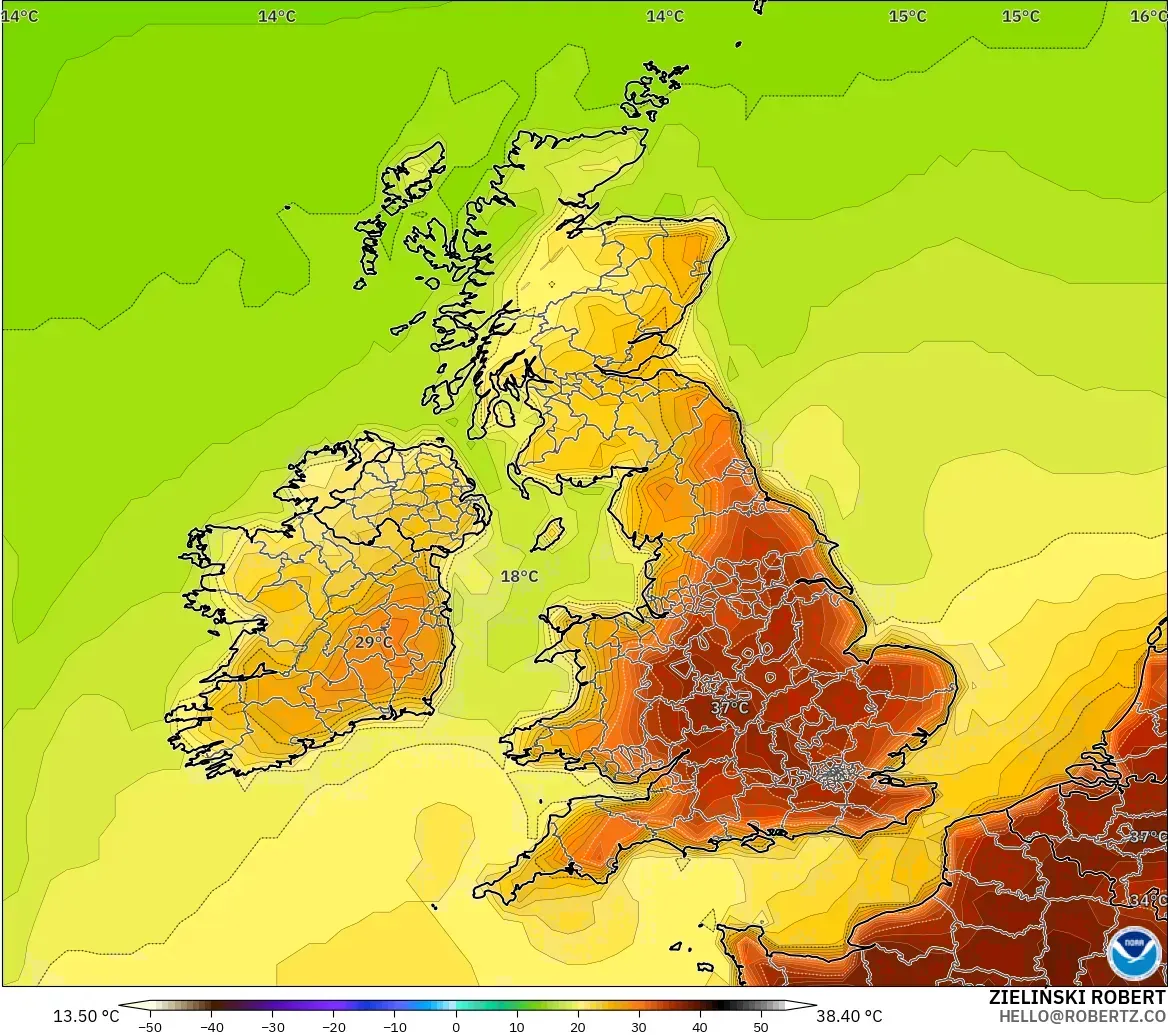 GFS model - United Kingdom, Temperature at 2m