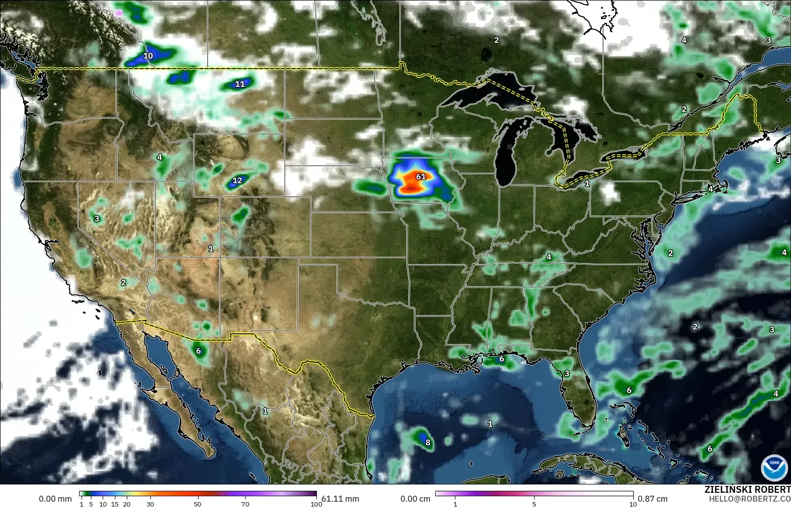 GFS model - United States, Precipitation, Clouds, and Pressure