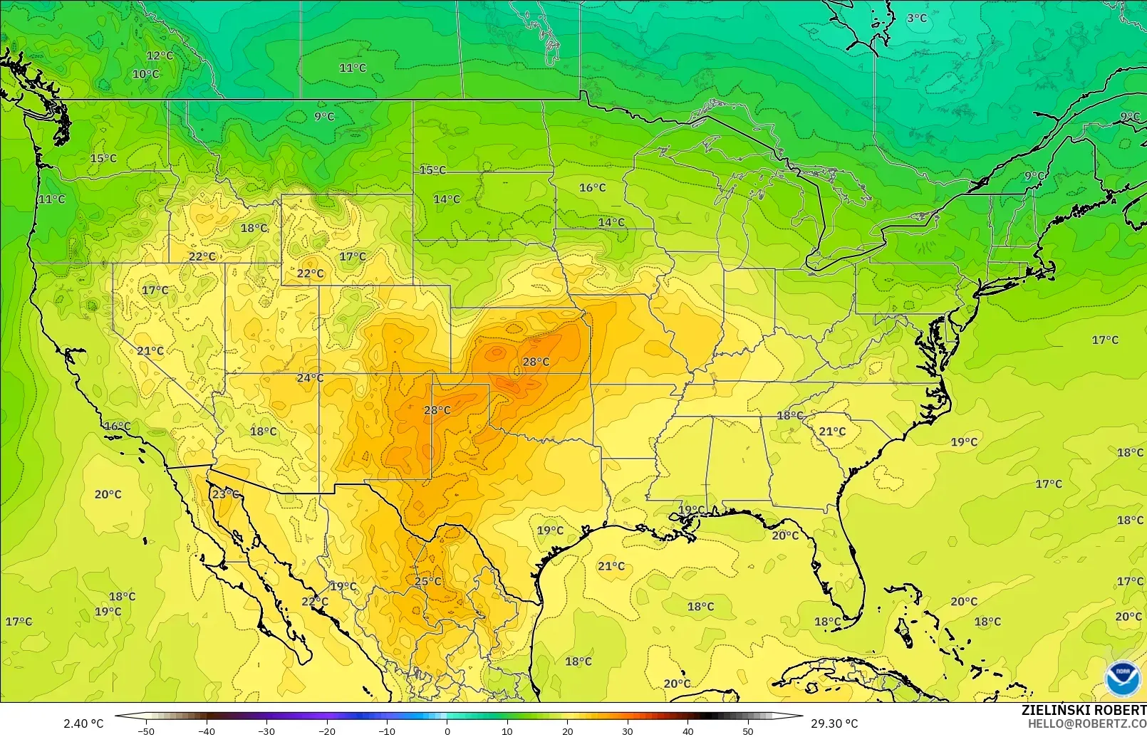 GFS model - United States, Temperature at 850hPa