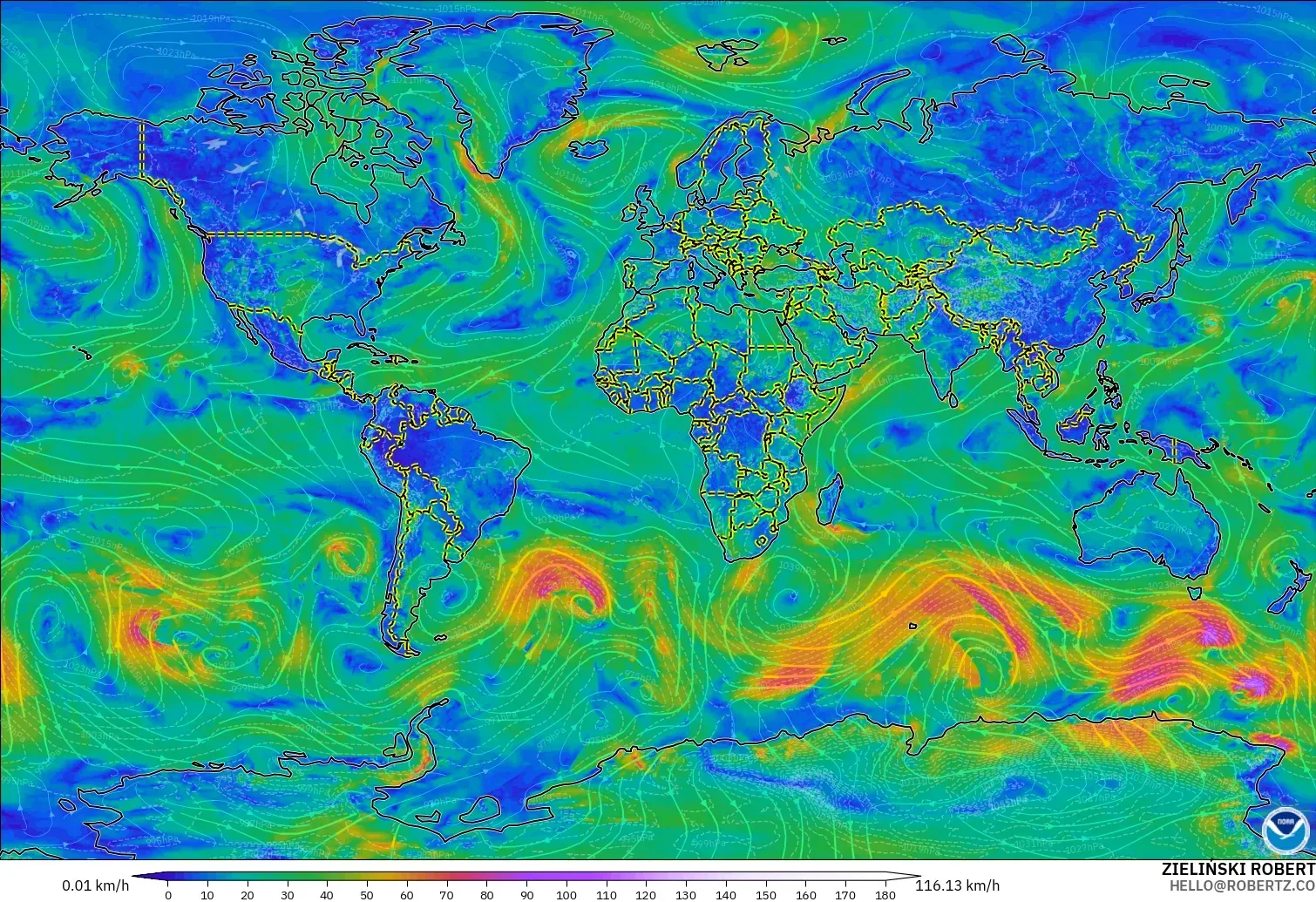 GFS model - World, Wind at 10m