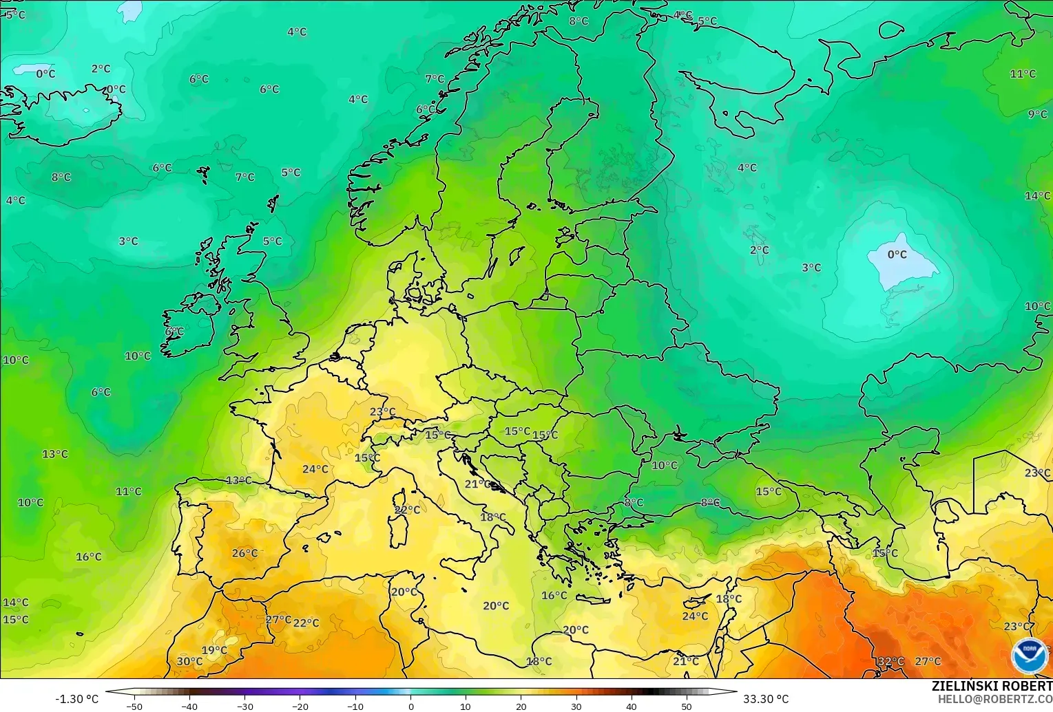 GFS model - Europe, Temperature at 850hPa