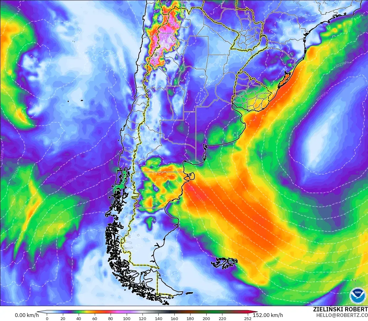 GFS model - Argentina, Wind Gusts Peak