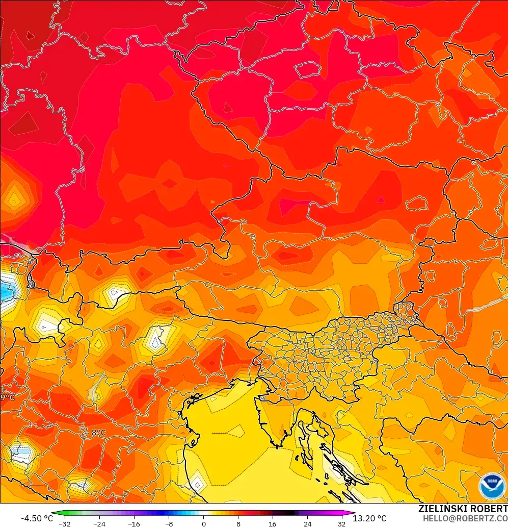 GFS model - Austria, Temperature at 2m Anomaly
