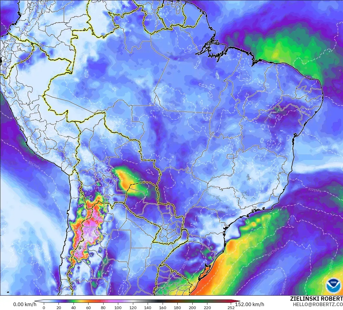 GFS model - Brazil, Wind Gusts Peak