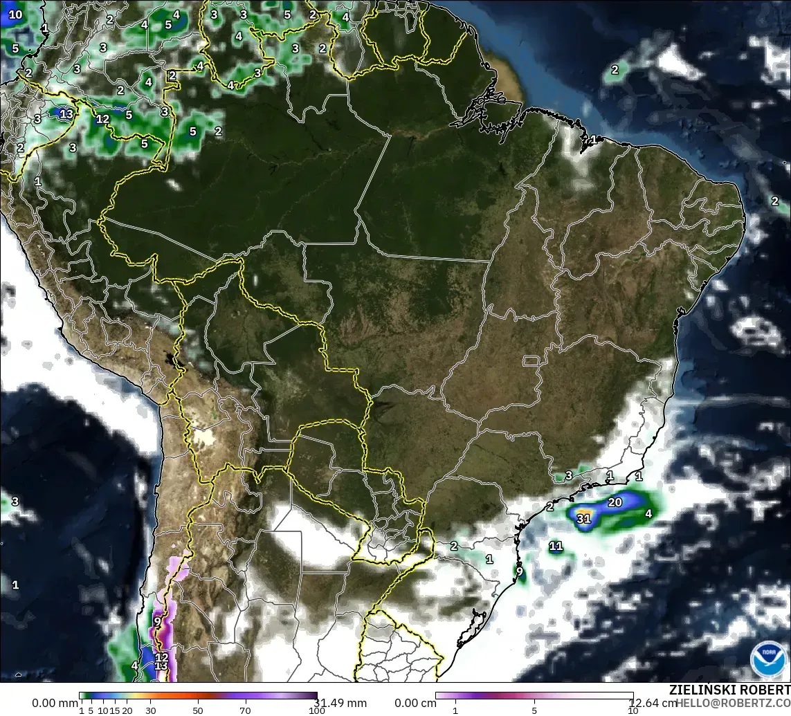 GFS model - Brazil, Precipitation, Clouds, and Pressure