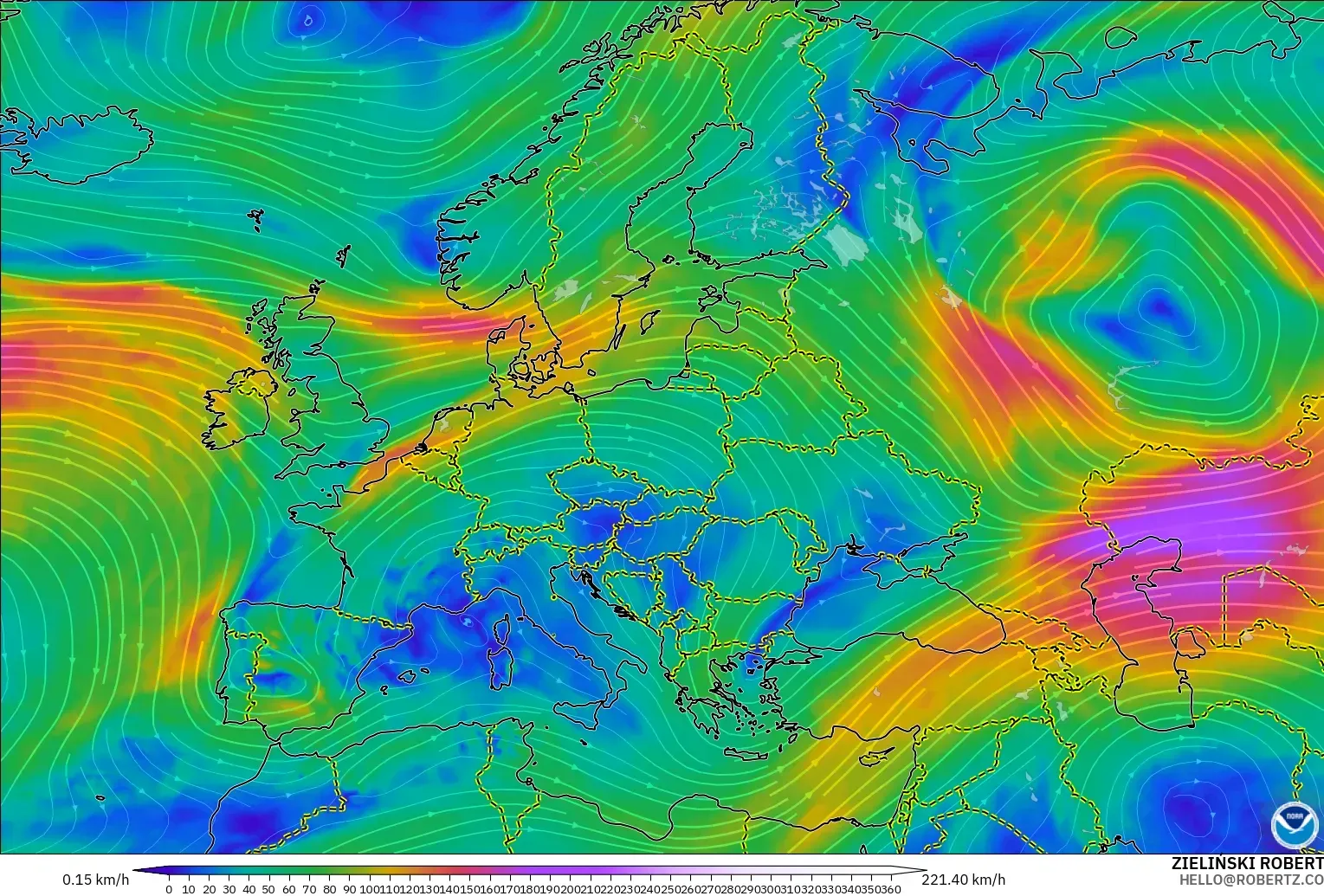 GFS model - Europe, Wind at 300hPa (jet stream)