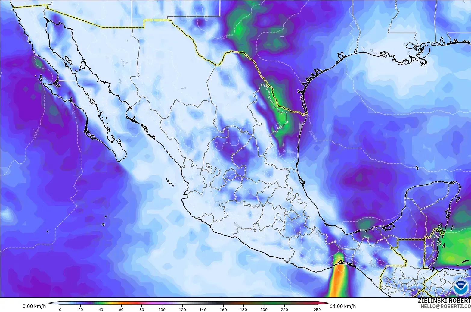 GFS model - Mexico, Wind Gusts