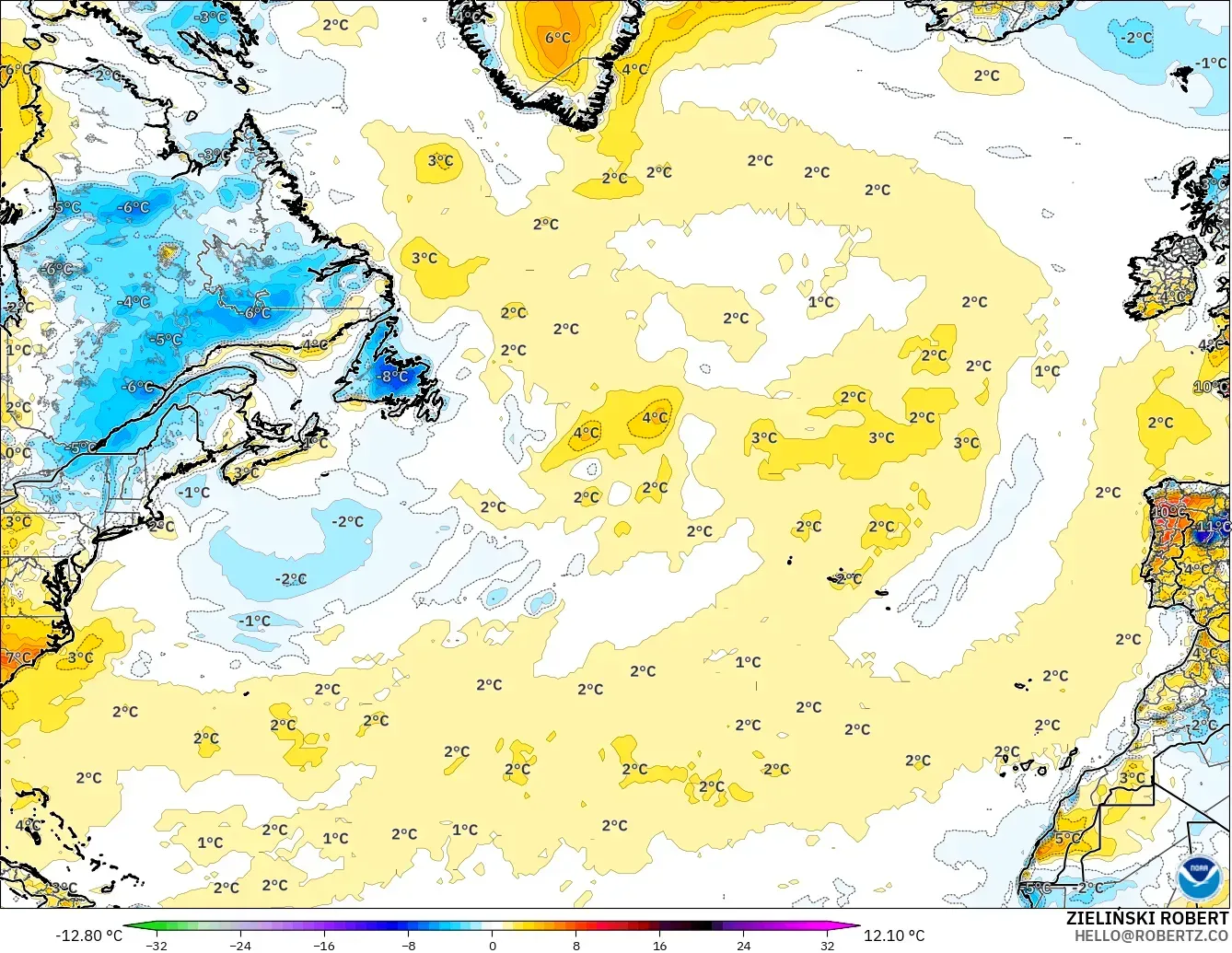 GFS model - North Atlantic, Temperature at 2m Anomaly