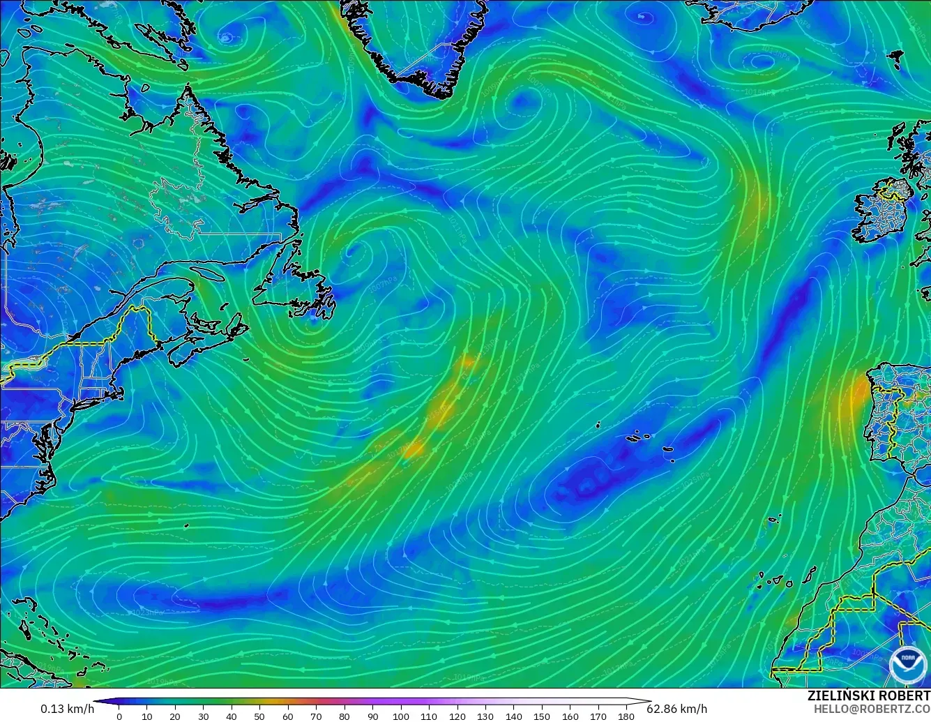 GFS model - North Atlantic, Wind at 10m