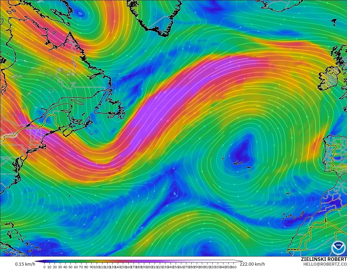 GFS model - North Atlantic, Wind at 300hPa (jet stream)