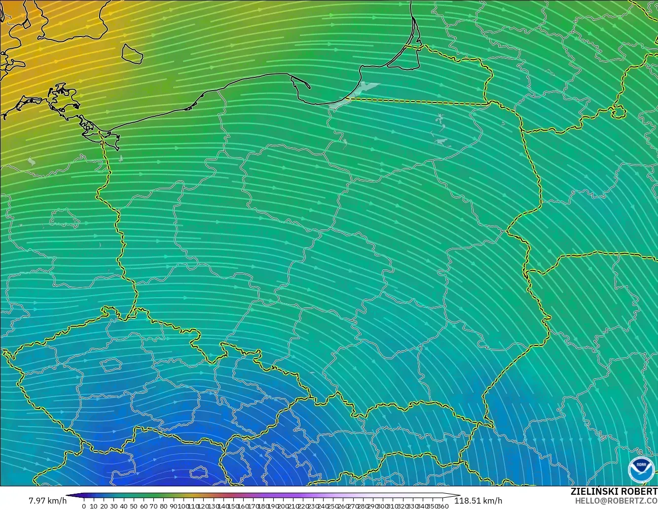 GFS model - Poland, Wind at 300hPa (jet stream)