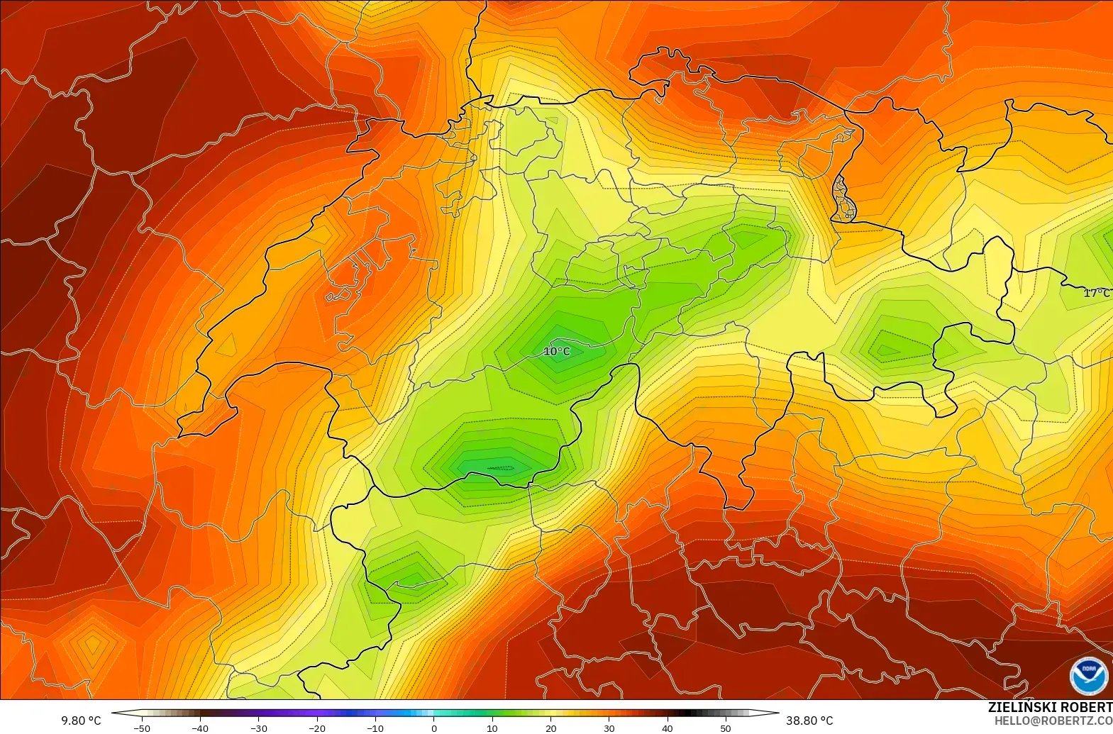 GFS model - Switzerland, Temperature at 2m