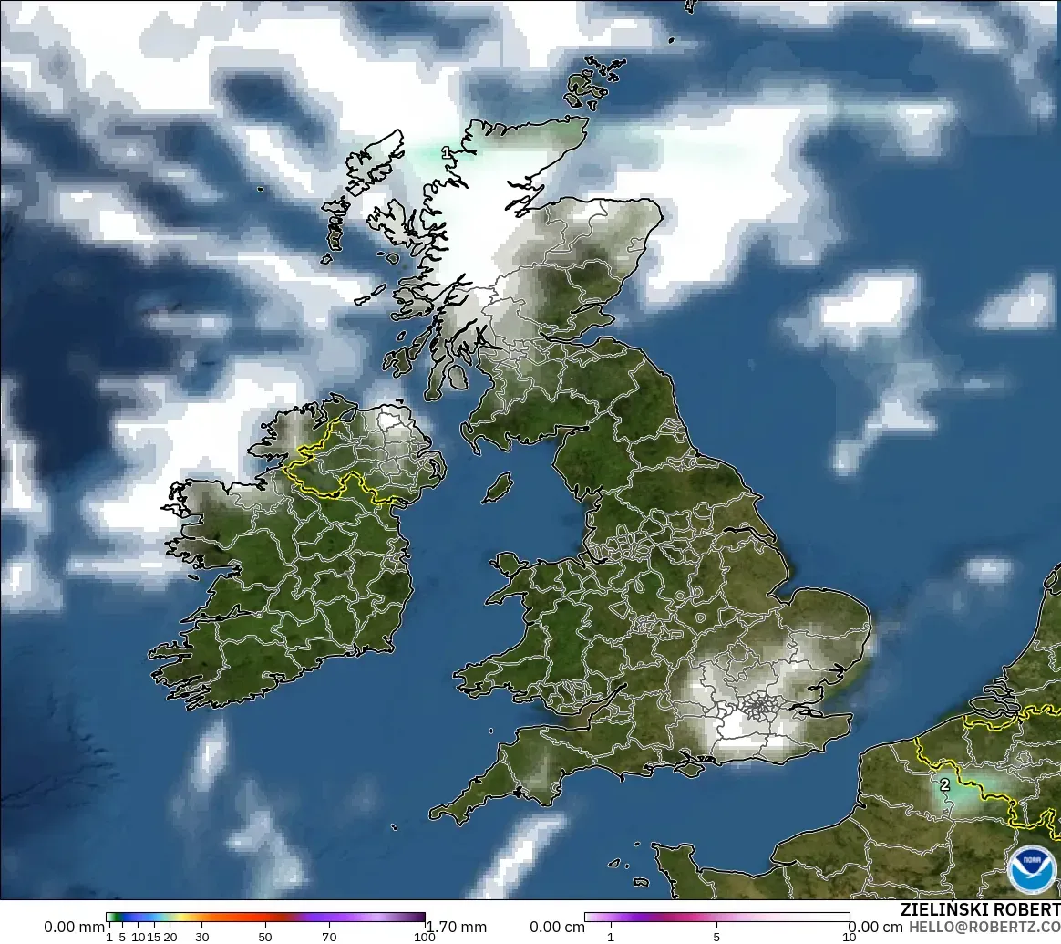 GFS model - United Kingdom, Precipitation, Clouds, and Pressure