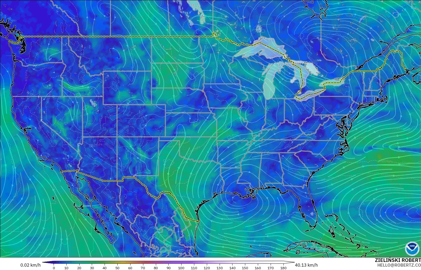 GFS model - United States, Wind at 10m