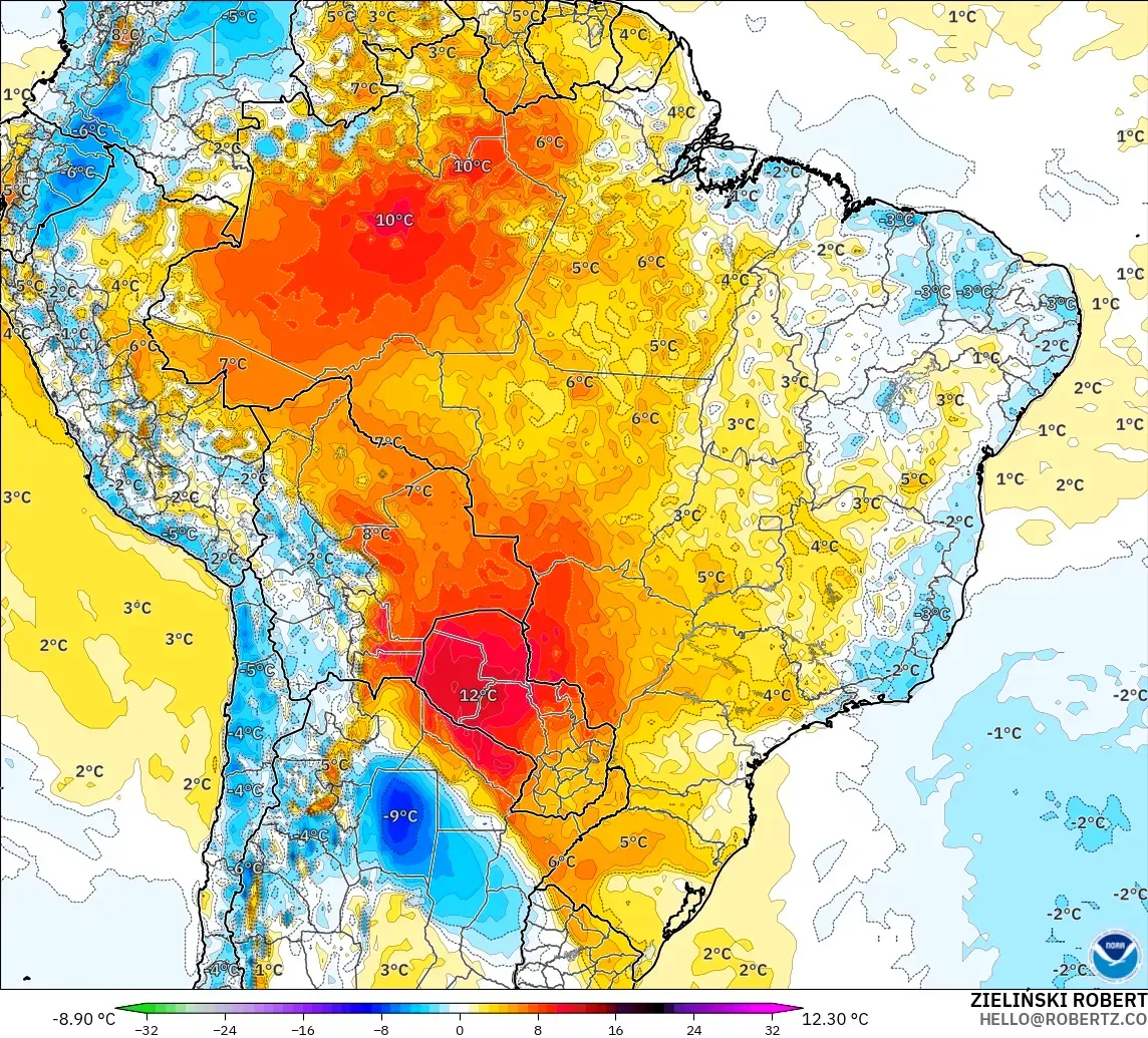 GFS model - Brazil, Temperature at 2m Anomaly