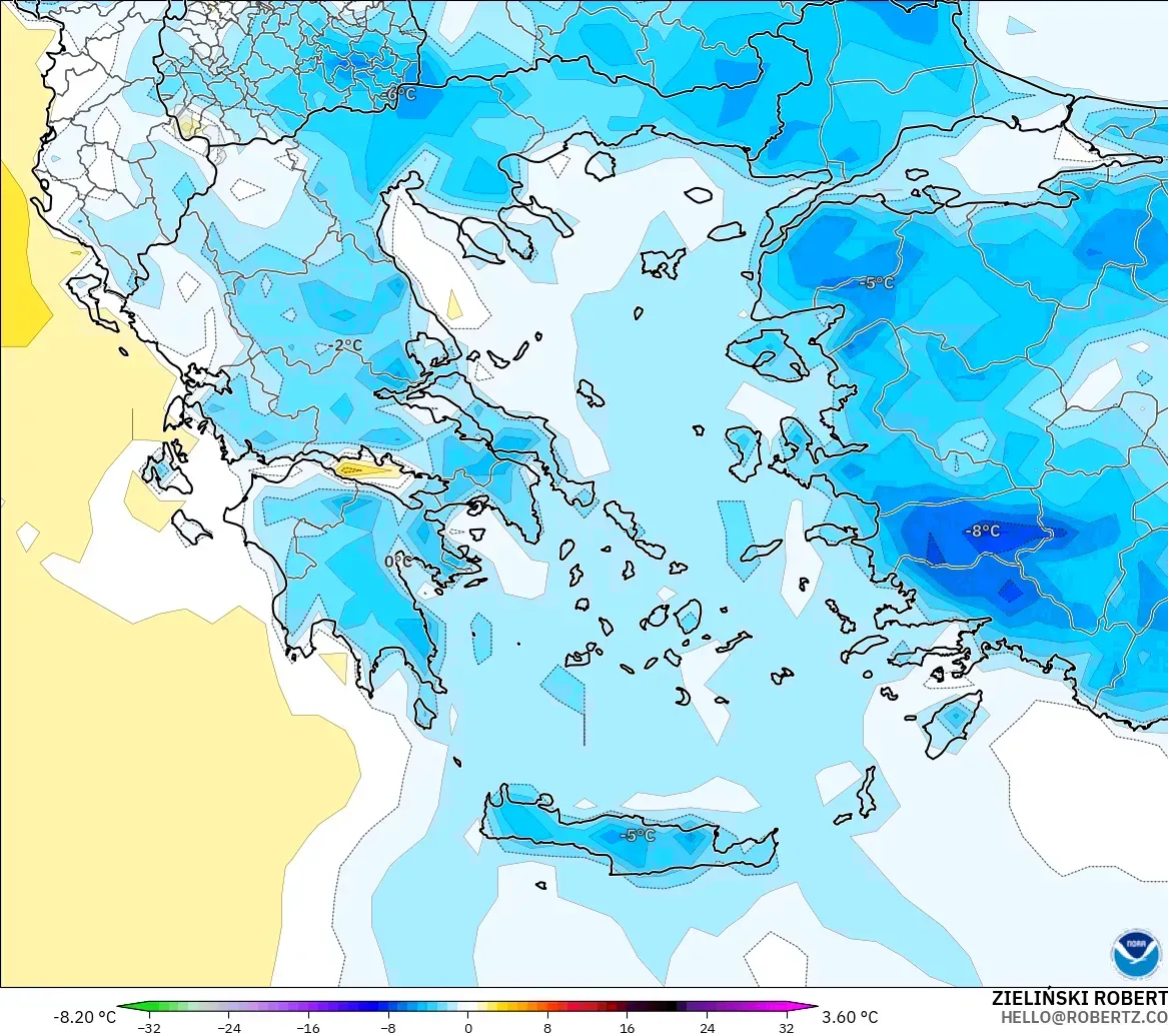 GFS model - Greece, Temperature at 2m Anomaly