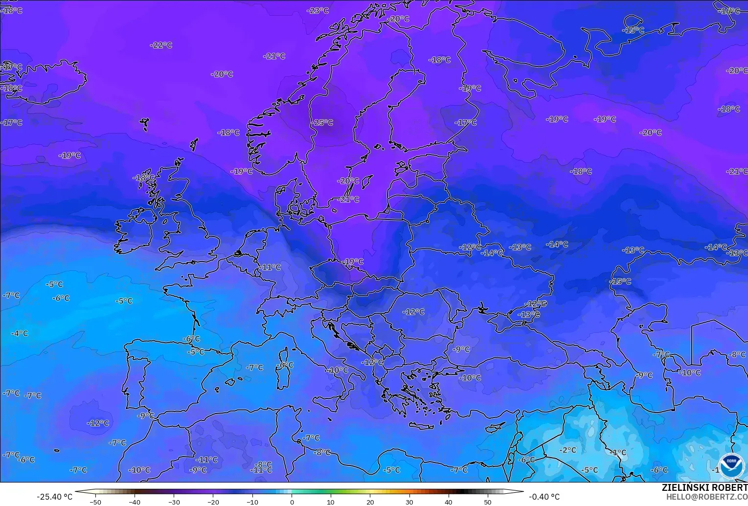 GFS model - Europe, Temperature at 500hPa
