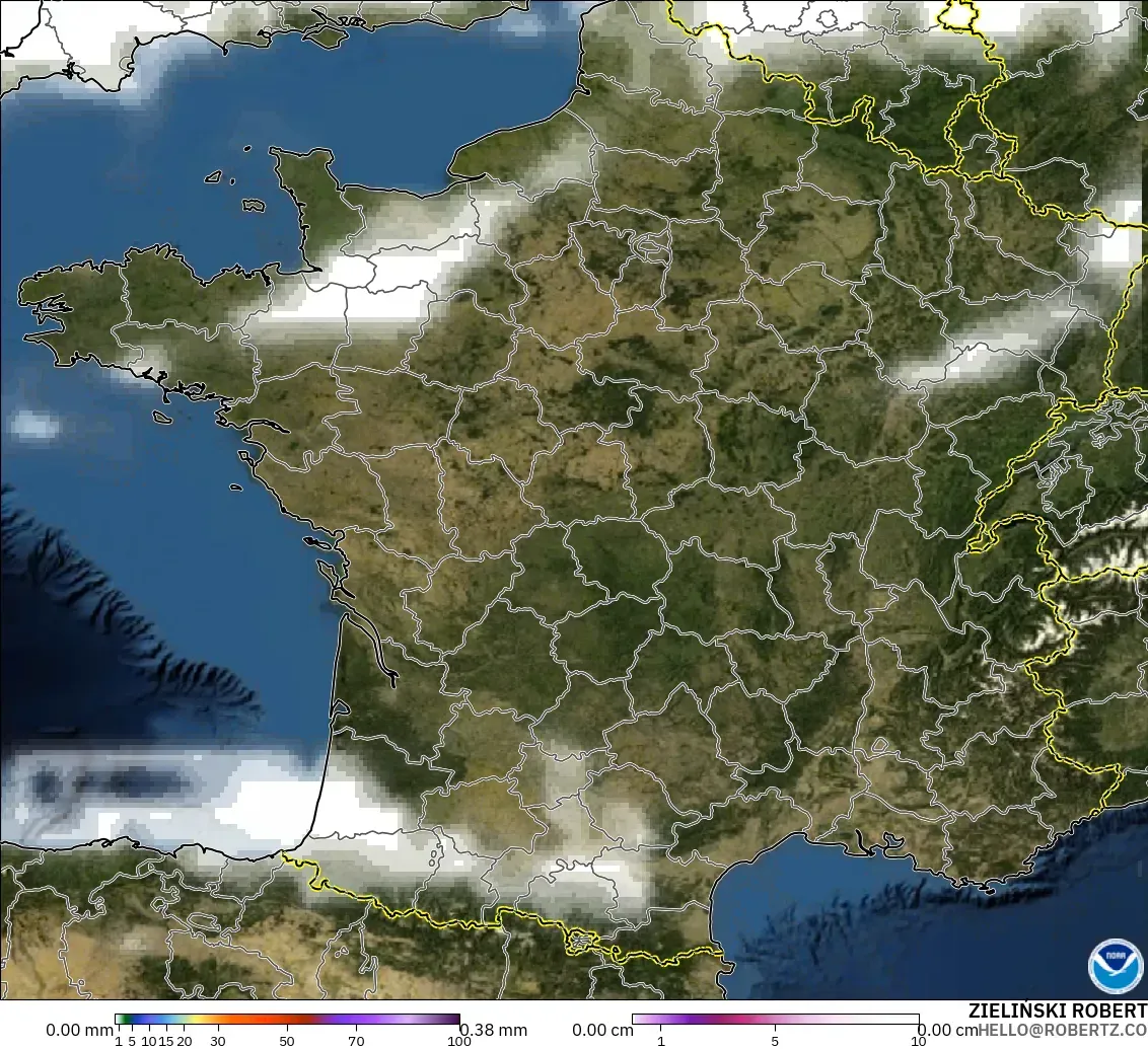GFS model - France, Precipitation, Clouds, and Pressure