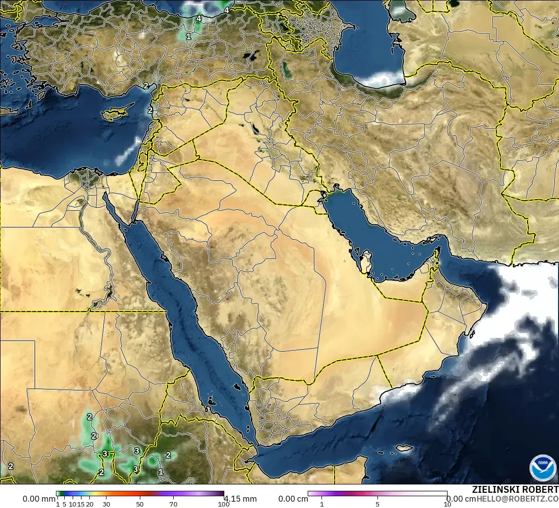 GFS model - Middle East, Precipitation, Clouds, and Pressure