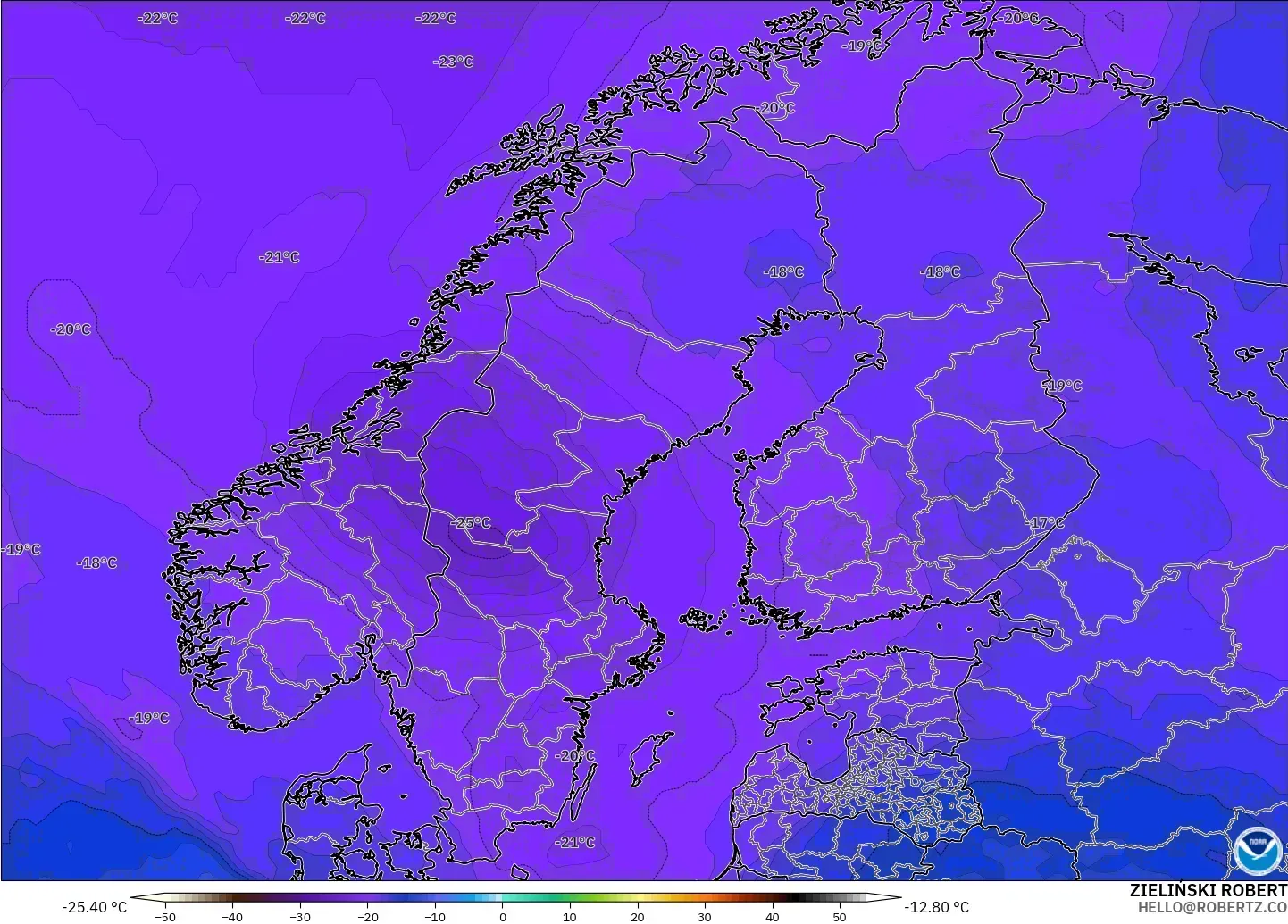 GFS model - Scandinavia, Temperature at 500hPa