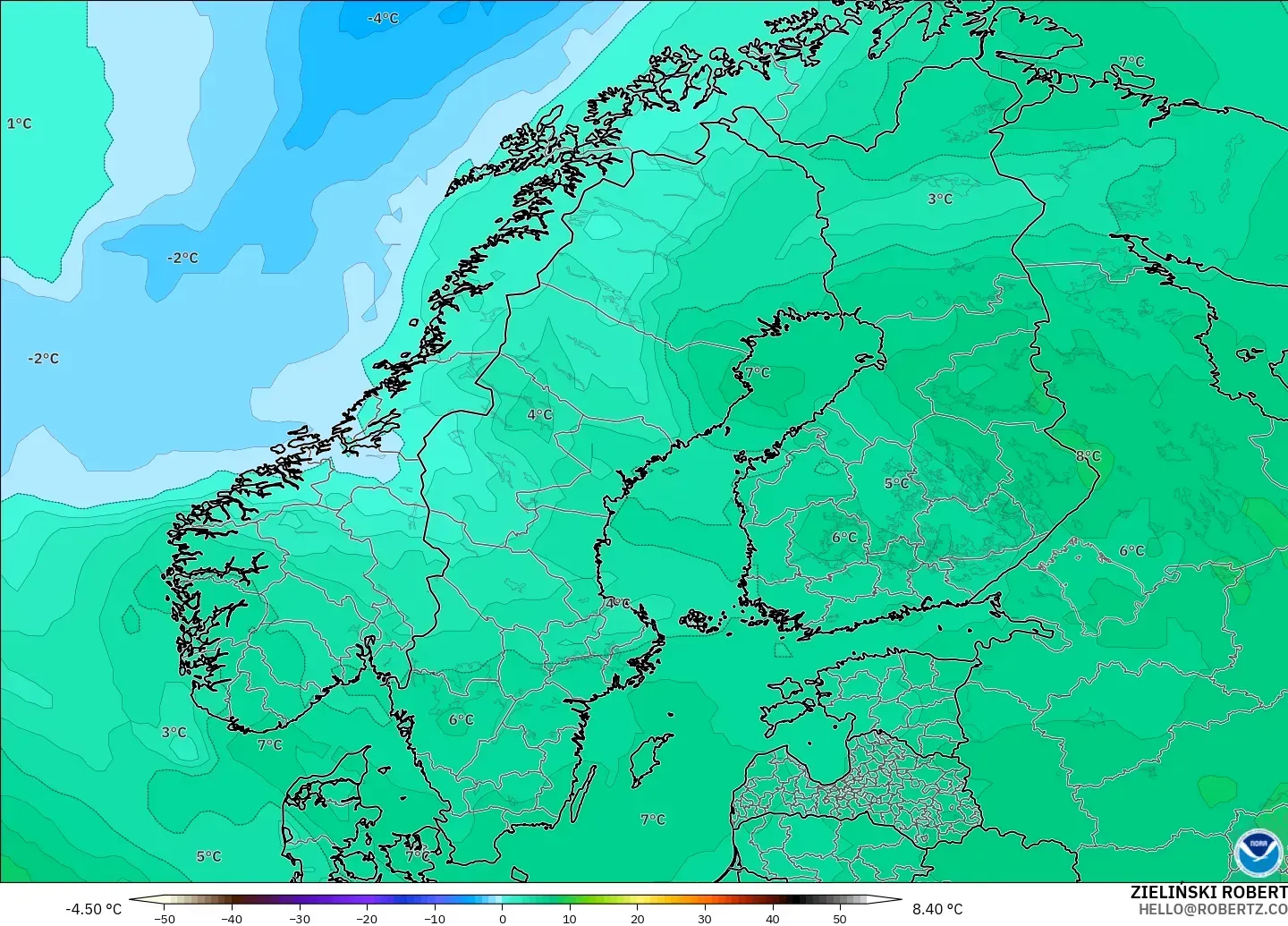 GFS model - Scandinavia, Temperature at 850hPa