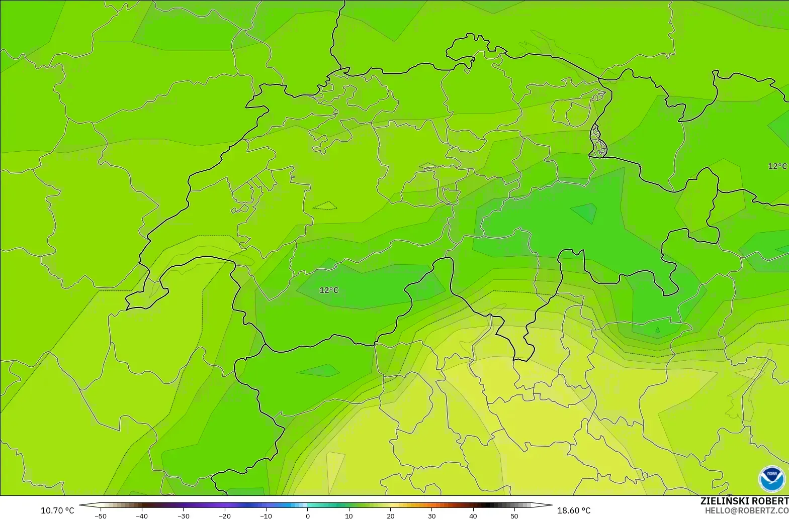 GFS model - Switzerland, Temperature at 850hPa