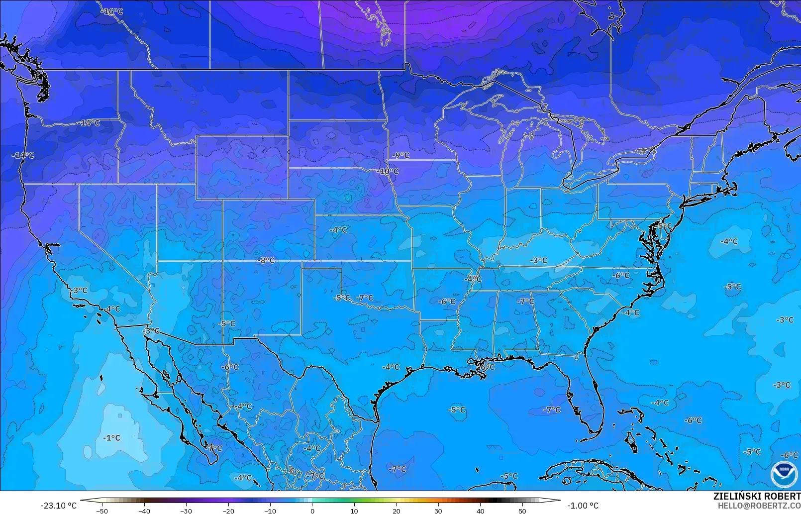 GFS model - United States, Temperature at 500hPa