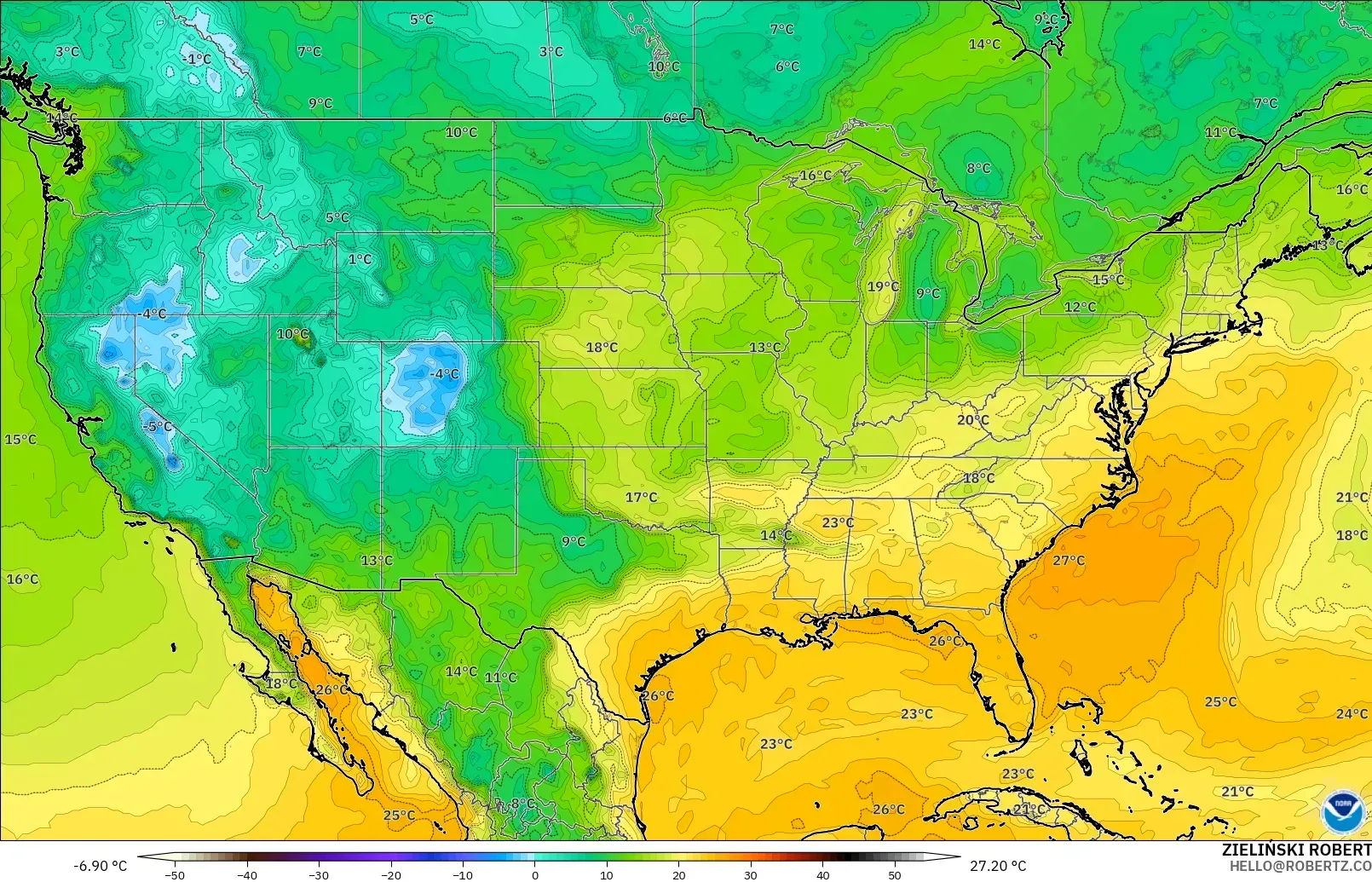 GFS model - United States, Dewpoint at 2m