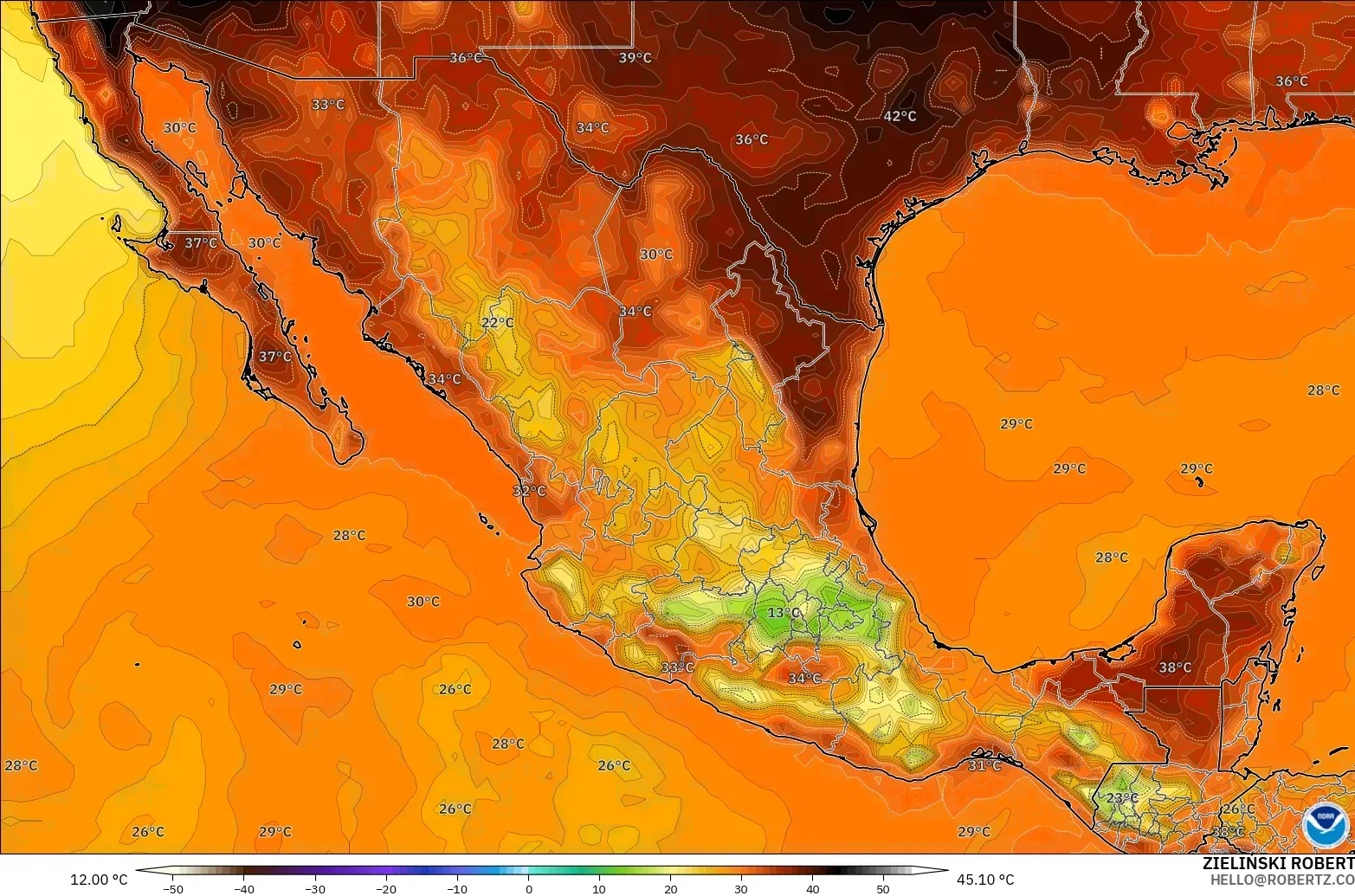 GFS model - Mexico, Temperature at 2m