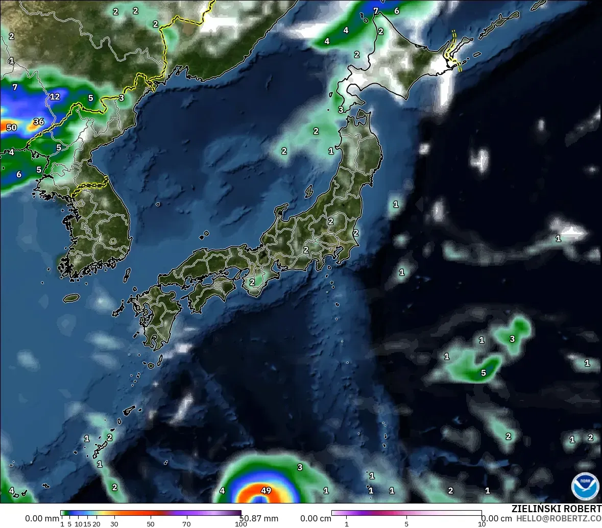 GFS model - Japan, Precipitation, Clouds, and Pressure