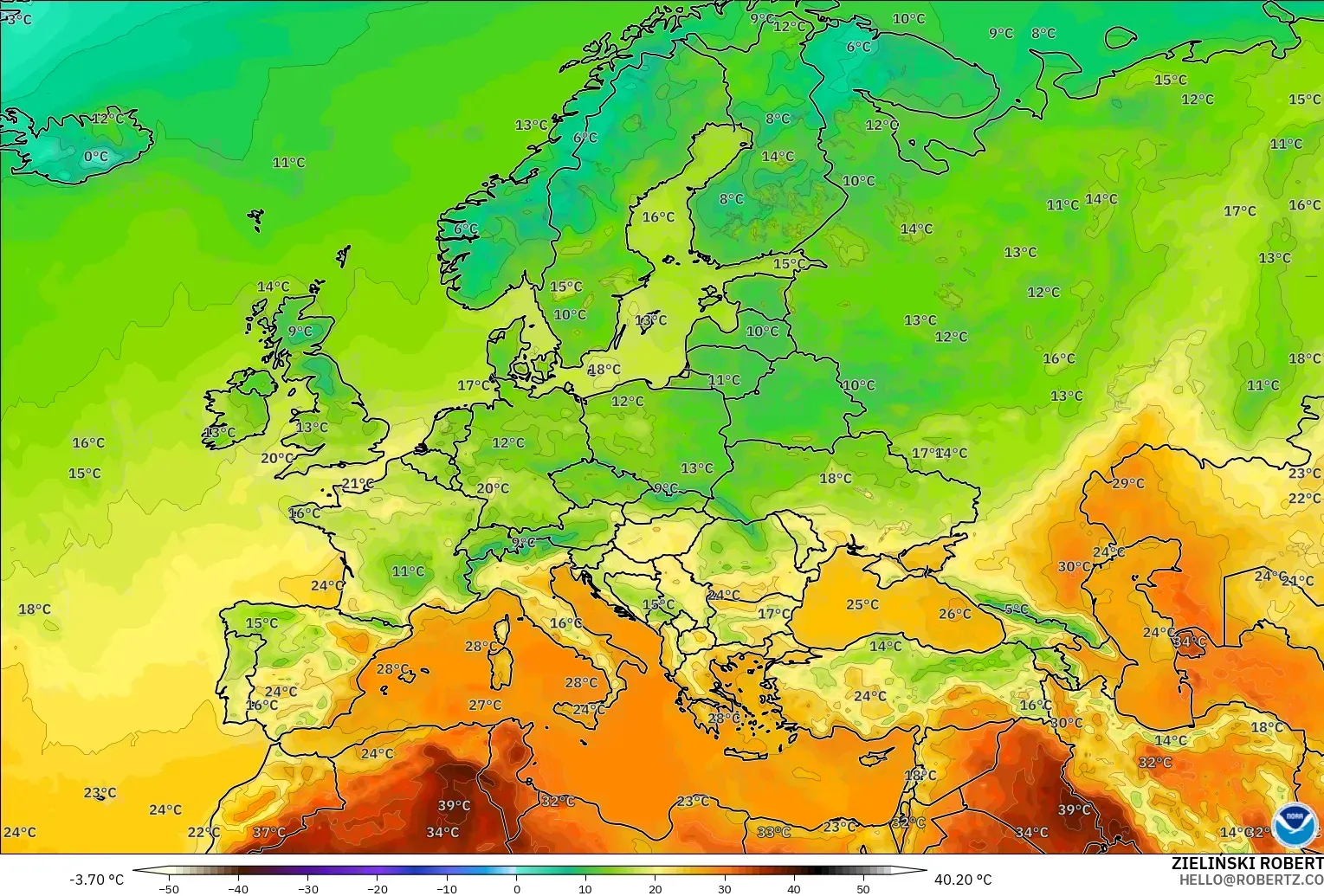 GFS model - Europe, Temperature at 2m