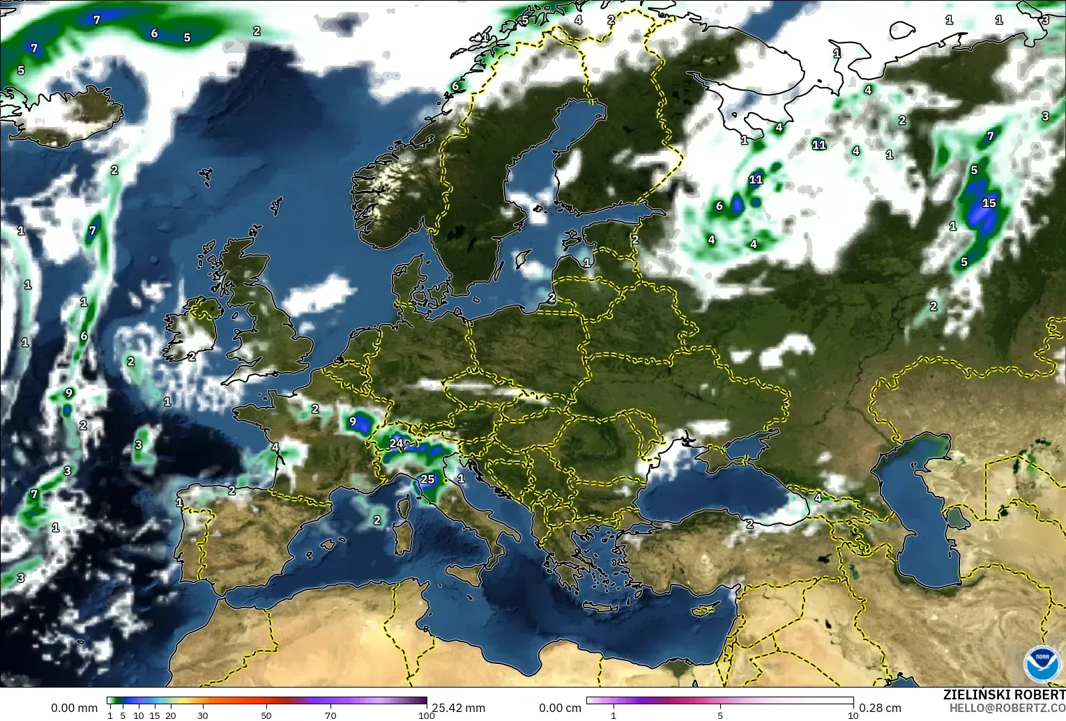 GFS model - Europe, Precipitation, Clouds, and Pressure