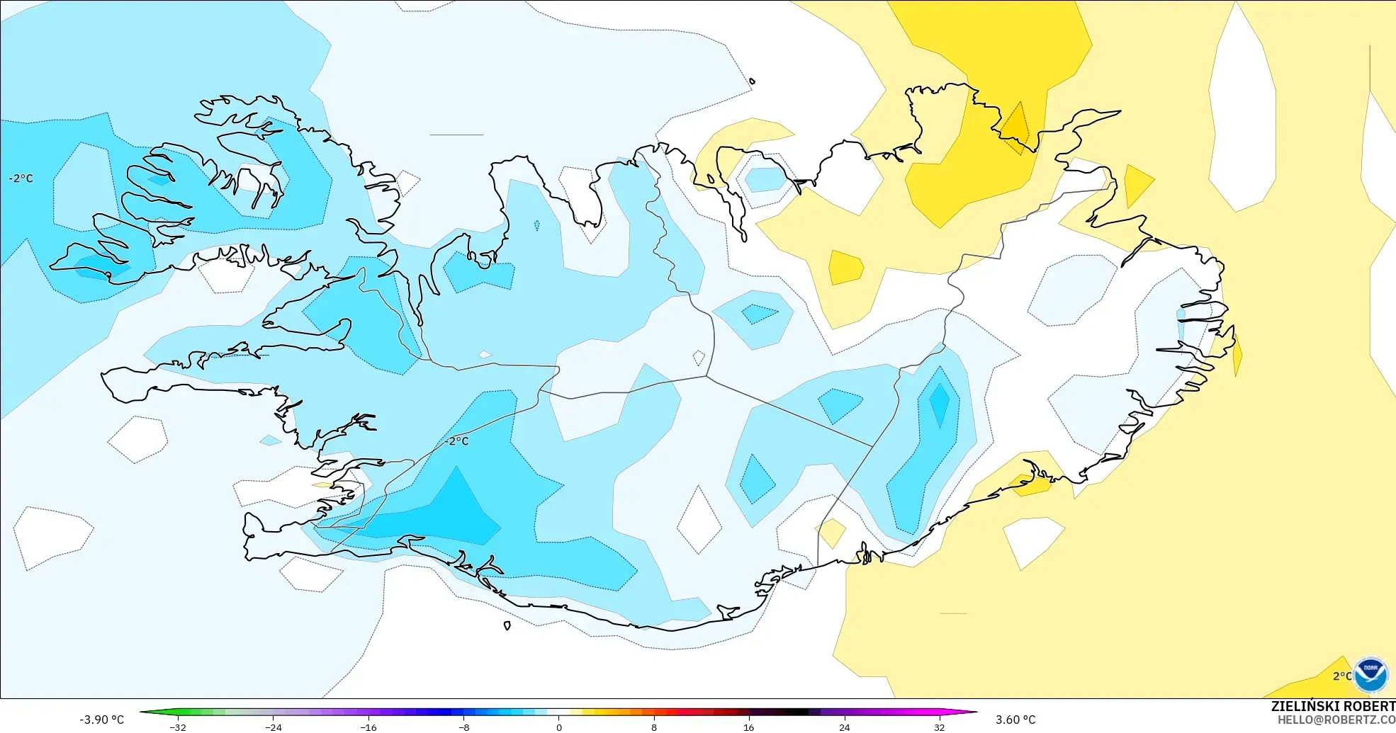 GFS model - Iceland, Temperature at 2m Anomaly