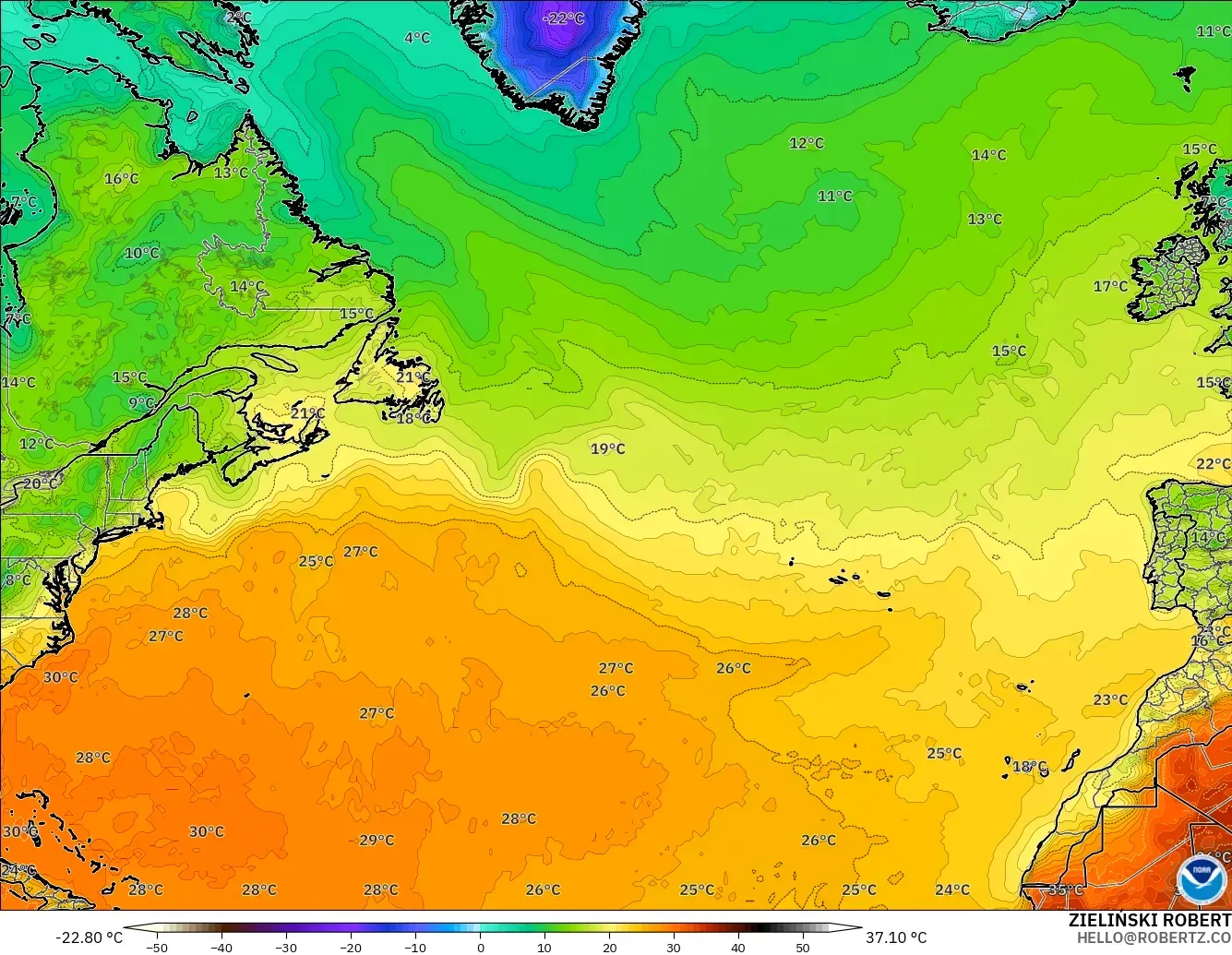GFS model - North Atlantic, Temperature at 2m