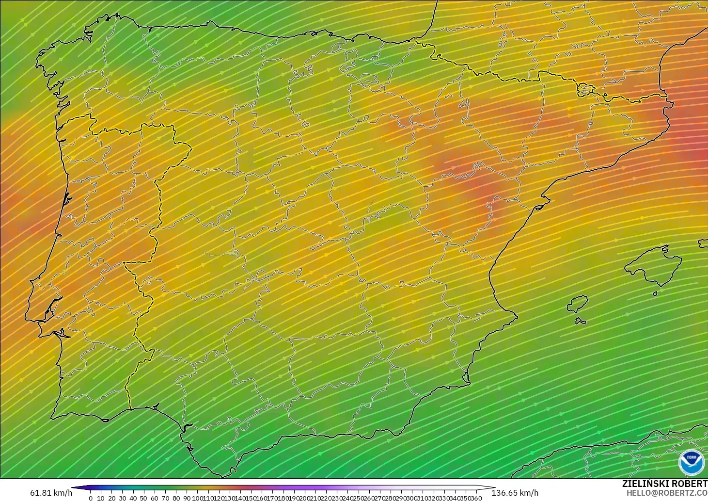 GFS model - Spain, Wind at 300hPa (jet stream)