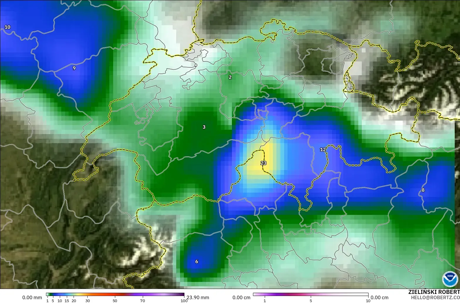 GFS model - Switzerland, Precipitation, Clouds, and Pressure