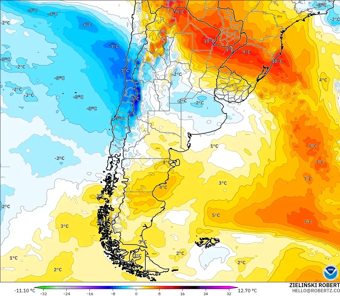 GFS model - Argentina, Temperature at 850hPa Anomaly