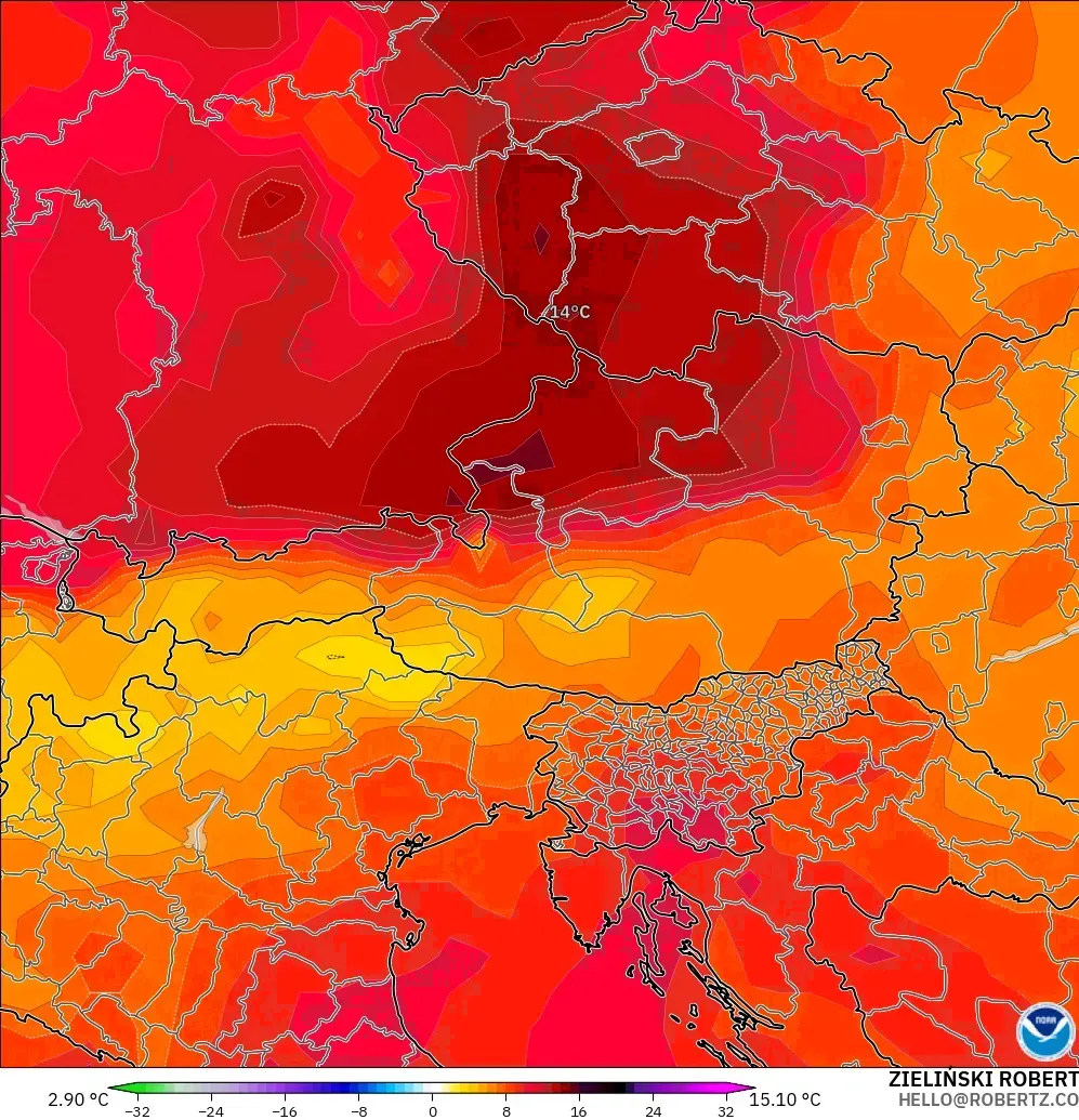 GFS model - Austria, Temperature at 850hPa Anomaly