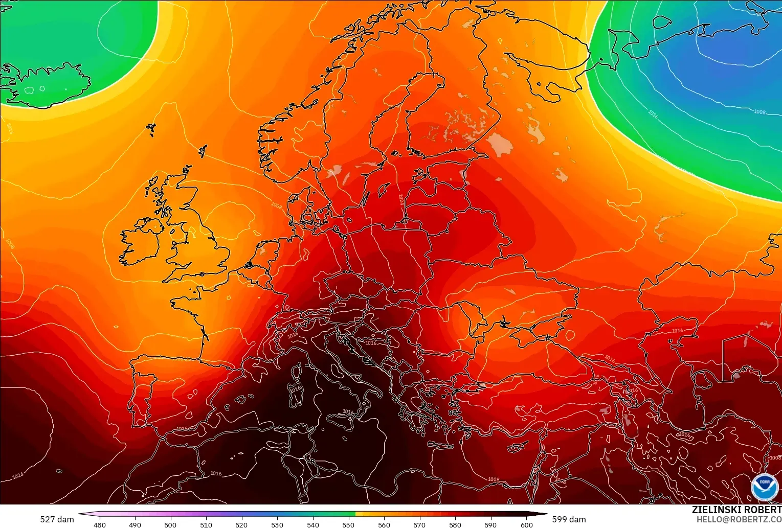 GFS model - Europe, Geopotential height at 500hPa