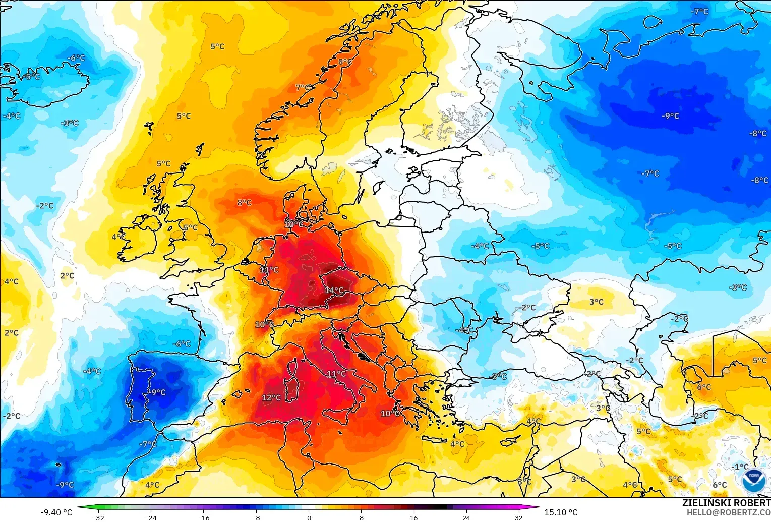 GFS model - Europe, Temperature at 850hPa Anomaly