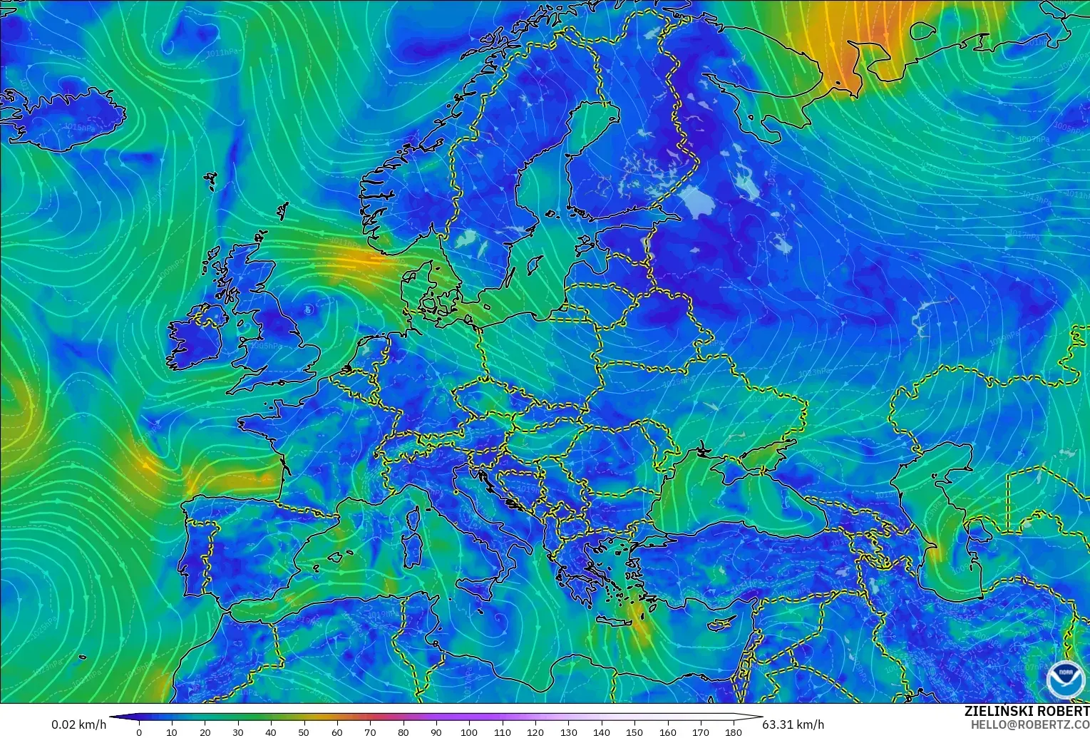 GFS model - Europe, Wind at 10m